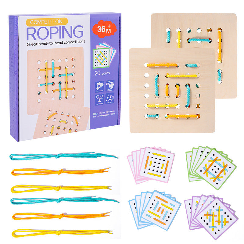 Montessori Early Education Children's Double Battle Pattern Rope Wearing Game Exercise Baby's Hand Eye Coordination Toy