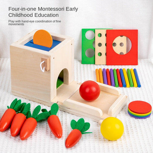 Montessori Four in One Coin Box Multi functional Stick Pulling Carrot Preschool Building Blocks Color Matching Intelligence Box Toy