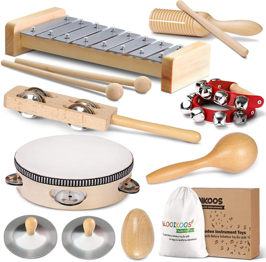 Little Music Makers Wooden Instrument Set for Toddlers Ages 3+ Montessori Musical Toys with Storage Bag