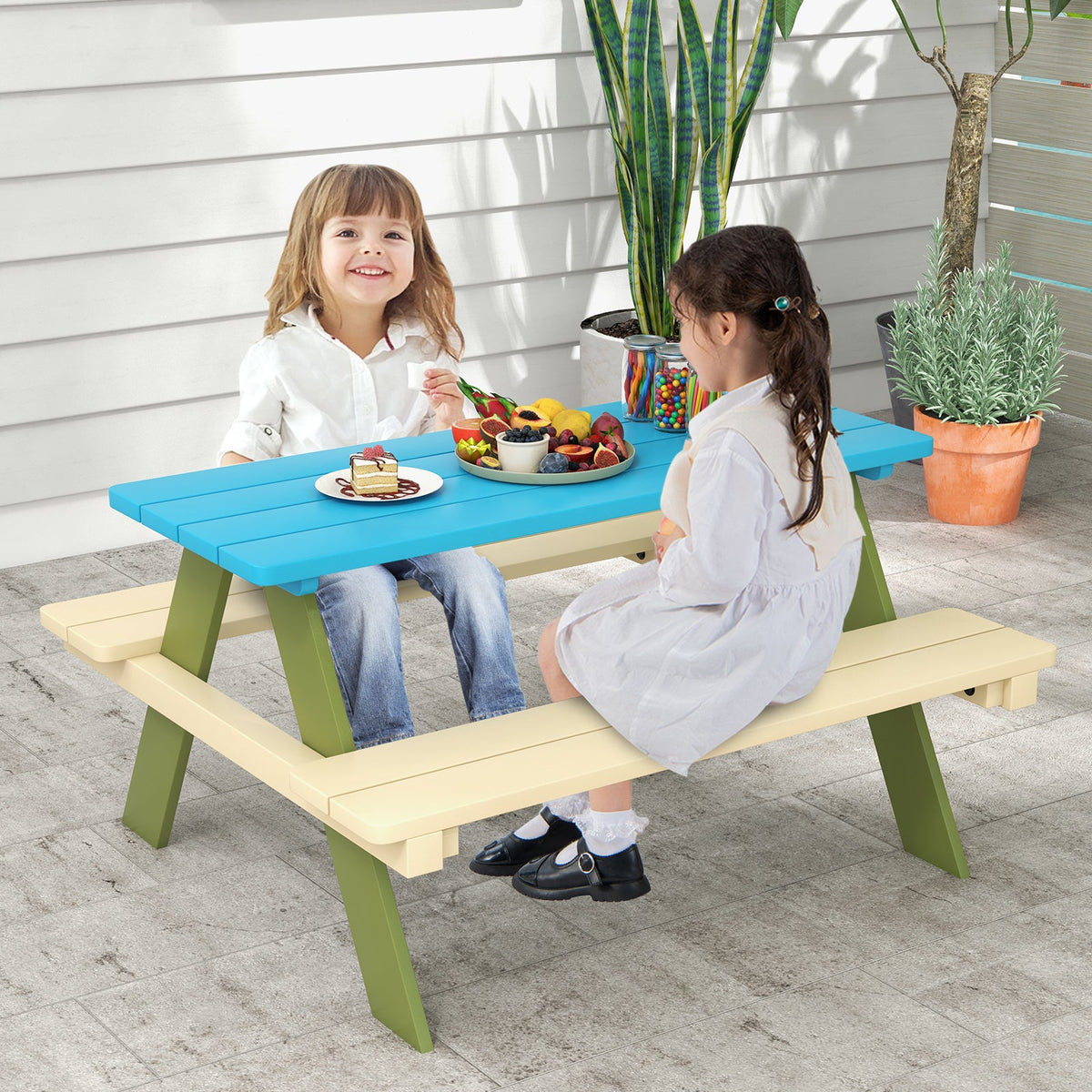 Kids Wooden Picnic Table Set Toddler Activity and Dining Table with Built-in Benches