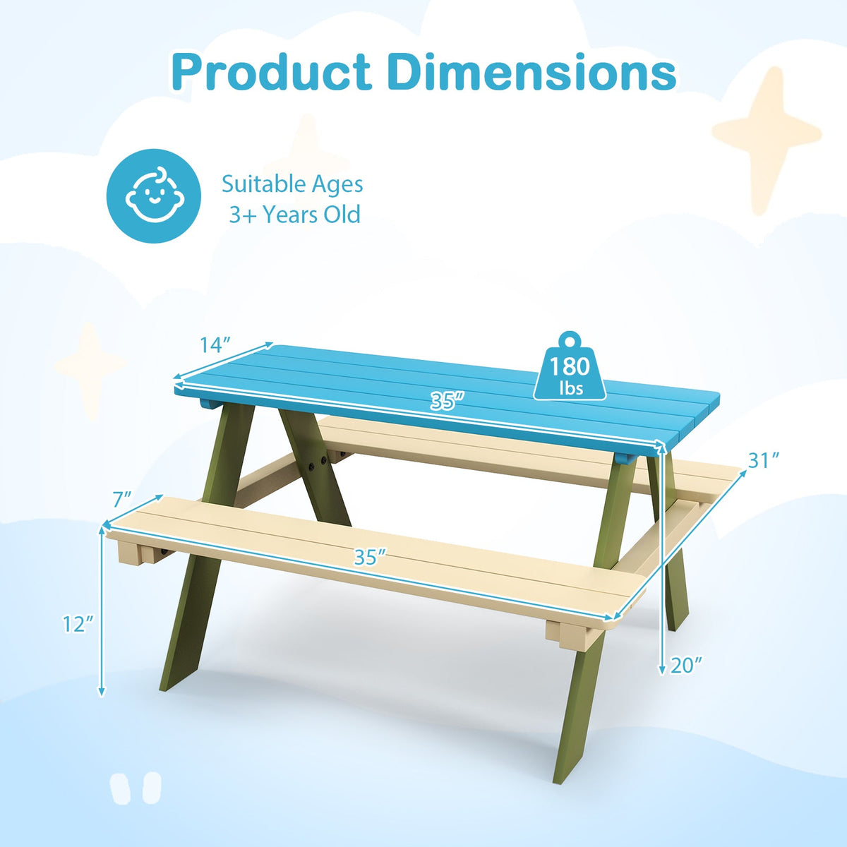 Kids Wooden Picnic Table Set Toddler Activity and Dining Table with Built-in Benches