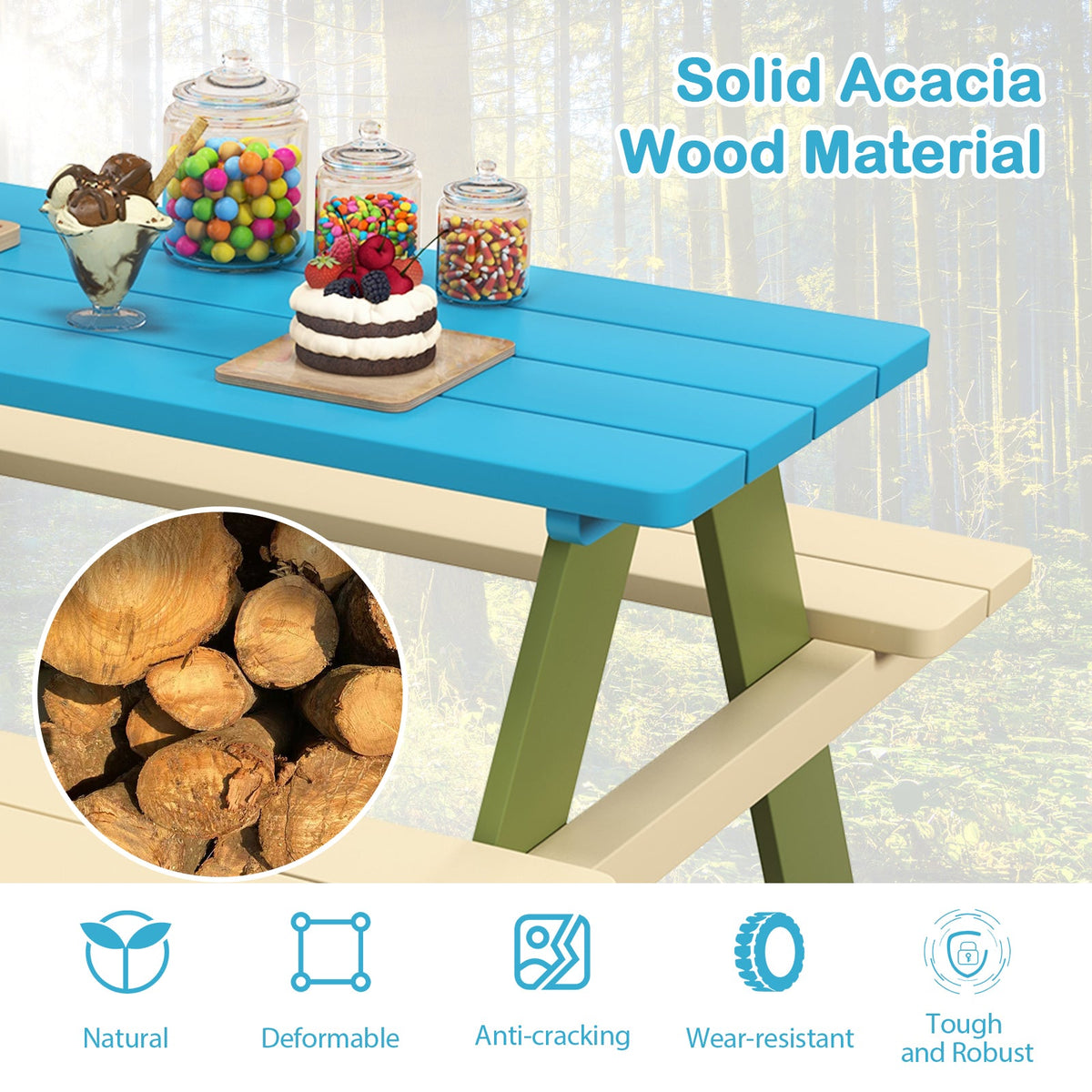 Kids Wooden Picnic Table Set Toddler Activity and Dining Table with Built-in Benches