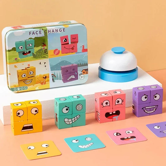 Cube Face Changing Building Blocks – Wooden Expression Puzzle, Montessori Board Game for Children, Battle Table Toy