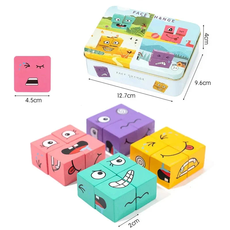 Cube Face Changing Building Blocks – Wooden Expression Puzzle, Montessori Board Game for Children, Battle Table Toy