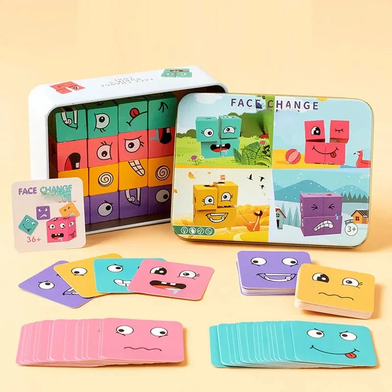 Cube Face Changing Building Blocks – Wooden Expression Puzzle, Montessori Board Game for Children, Battle Table Toy