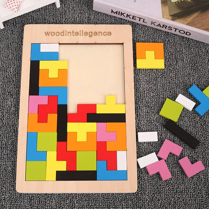 Wooden Blocks Puzzle Toy – Montessori 3D Tangram Brain Teasers