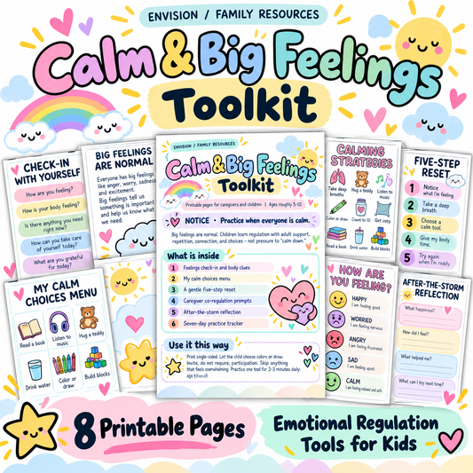 Cute pastel eight-page Envision Calm and Big Feelings printable toolkit preview